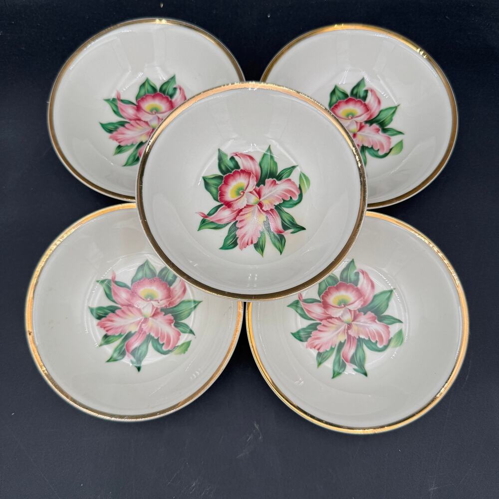 Vtg Berry/Dessert/Fruit Bowls (5) in Modern Orchid Paden City Pottery 22K Gold